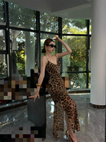 Robe longue maxi moulante pour femme à imprimé léopard, bretelles spaghetti, dos lacé, décolleté plongeant en V, fente latérale, pour soirée et vacances