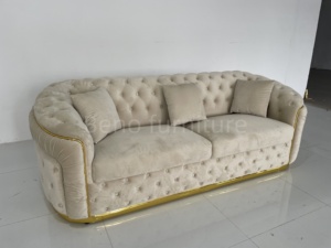 Wholesale Big Size <b>Sofa</b> Set Velvet High-Density Foam <b>Cream</b> Style Couch with Wooden Frame and Gold Decorations - Product Image 6