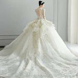 Gaun pengantin berpayet penuh mewah lengan panjang punggung terbuka seksi leher tinggi model baru gaun pesta pernikahan jubah pengantin