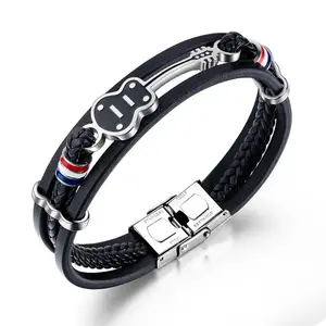 Pulseira de guitarra com fecho ajustável em aço inoxidável, joia de guitarra musical de rock, pulseira de tecido de couro multicamadas para homens, joia PH1354