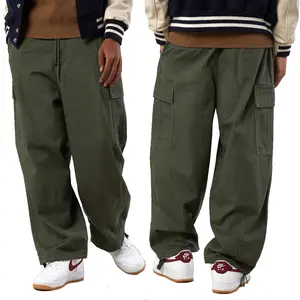 Hot Koop Street Wear Legergroen Baggy Geweven Twill Katoen Utility Zakken Losse Fit Cargo Broek Mannen Casual Broek