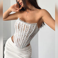 Top corset élégant en dentelle florale pour femmes, bustier sexy sans bretelles, dos ouvert, bustier à armatures, tube top Y2K, soirée en boîte de nuit, corset en maille