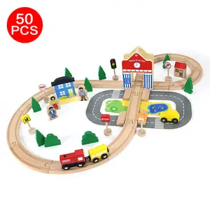 COMMIKI Children's Wooden Rail Car Toys 50 Puzzle Pieces Assembled Thomas Train Great Adventure Figure 8 Rail Train