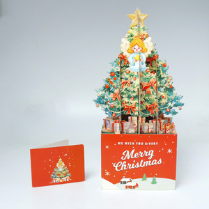 Nouvelle <span class=keywords><strong>carte</strong></span> de vœux 3D créative en boîte avec nœud rouge, arbre de Noël, ange, étoiles dorées - Matériel papier - Product Image 3