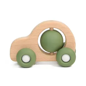 Toptan Bpa ücretsiz hareketli ahşap tekerlek oyuncak araba bebek çiğnemek Molar silikon diş kaşıyıcı oyuncak