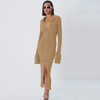 Femmes Sexy Midi Split O Neck Long Sleeve Casual Dresses Party Spring Autumn Dress Sweater Knitted