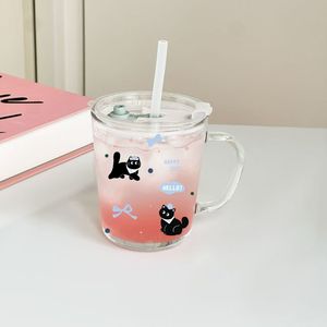 Cartoon Glass <b>Straw</b> <b>Cup</b> With Handle Transparent Drinkware For Office School Use - Product Image 2