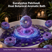 Ensemble de bombes de bain effervescentes en forme de donut à l'eucalyptus et au patchouli, 6 pièces, faites à la main, avec des paillettes violettes et bleues, OEM ODM, étiquette privée