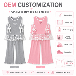 Conjunto de <span class=keywords><strong>Ropa</strong></span> Acanalada para Niñas, Verano 2026, Rosa, Top sin Mangas de Viscosa y Pantalones Acampanados, 2 Piezas, con Dobladillo de Encaje, Estilo Boutique, <span class=keywords><strong>Ropa</strong></span> de Descanso, 3-7 Años, Venta al por Mayor - Product Image 6