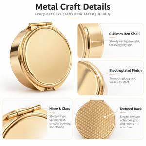 Boîte à pilules ronde en métal plaqué or clair avec miroir, 3 compartiments, organiseur de médicaments portable, étui de rangement pour bijoux et bibelots de voyage - Product Image 5