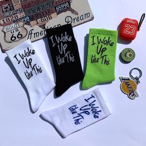 Nouvel arrivage de lettres à la mode je me suis réveillé comme ça hommes chaussettes tubulaires coton tricoté Skateboard femmes chaussettes - Product Image 4