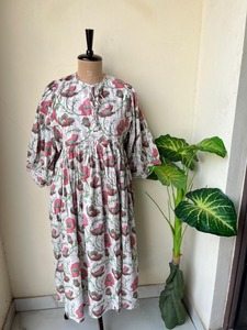 Robe mi-longue décontractée en coton imprimé à la main en Inde, à manches bouffantes, col en V, écologique, respirante, grande taille, pour femmes, été - Product Image 4