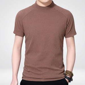 Men's High <b>Collar</b> Short Sleeve Knitted <b>T</b>-<b>Shirt</b> Solid Color Slim Fit Casual Top Brown <b>Shirt</b> For Summer - Product Image 3
