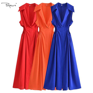 R40578S abito da altalena <span class=keywords><strong>grande</strong></span> colletto aperto in vita tinta unita moda donna all'ingrosso - Product Image 1