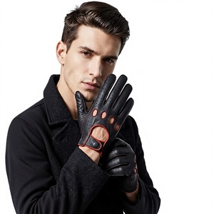Gants de conduite en cuir de mouton véritable, noirs avec surpiqûres rouges, trous de ventilation, respirants, confortables, adaptés aux hommes et aux femmes - Product Image 5