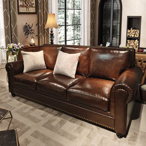 Divano a Tre Posti Stile Americano con Grandi Pulsanti, in Vera Pelle Vintage di Prima Qualità, Colore Marrone, per Soggiorno - Arredamento Casa - Product Image 1