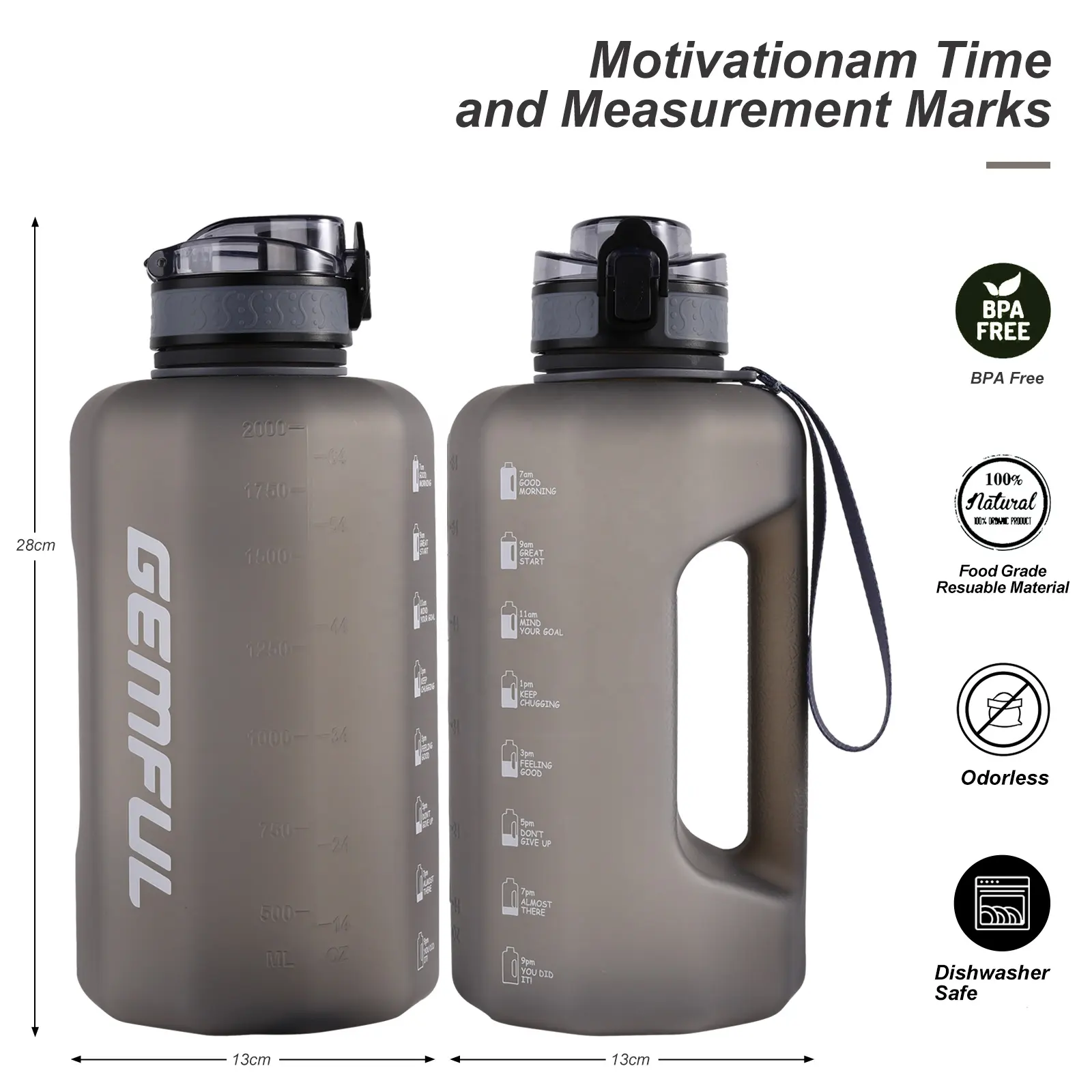 Movitational botol air olahraga 2.2 Liter, botol air olahraga bebas BPA tahan bocor dengan kuas & tali desain Logo mulut lebar untuk minum Gym