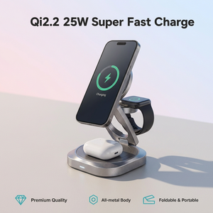 Estación de Carga Inalámbrica Superrápida 3 en 1 Qi2 de 25 W, Cargador Magnético Plegable de Aleación de Zinc para iPhone 15 14 13, Relojes Inteligentes y Auriculares - Product Image 1