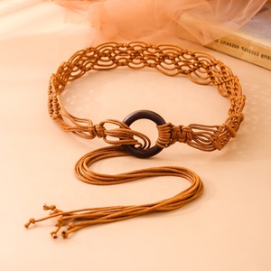 Offerta Speciale Personalizzata: Cintura Larga da Donna in Stile Etnico con Fibbia Rotonda in Legno e Lunga Nappa, Intrecciata a Mano con Corda Cerata - Product Image 1
