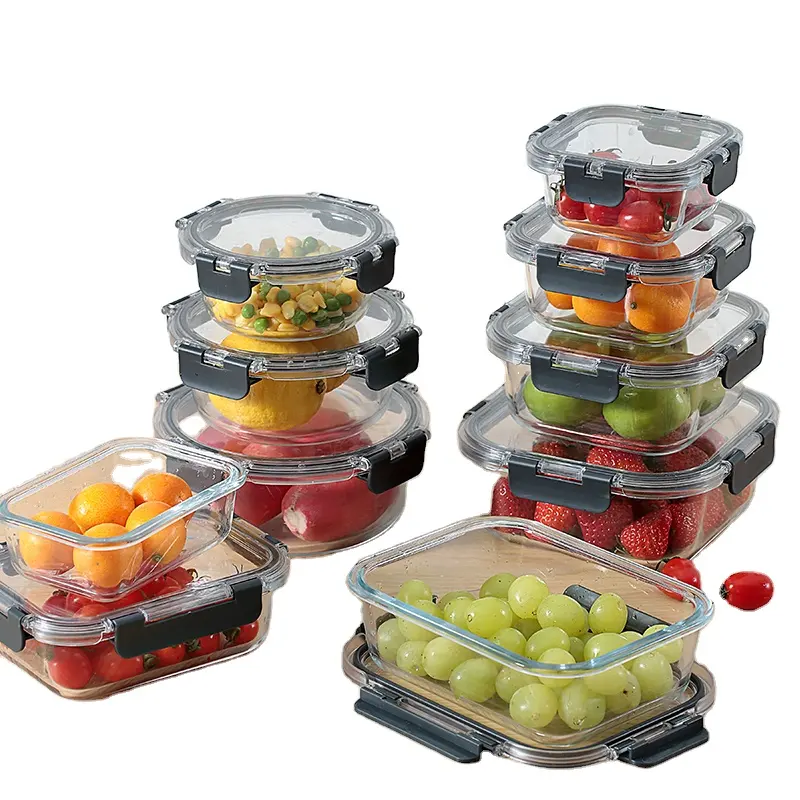 Amazon Home Transparent Microwave Glass Lunch Container Portable Fruit and Vegetable Fresh Keeping Box with PET Airtight Lid