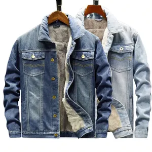 Giacca in Denim lunga elasticizzata da uomo OEM personalizzata giacca di jeans in cotone blu inverno tinta unita taglie forti