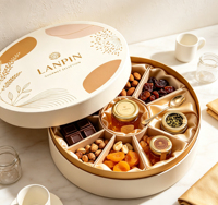 Boîte Cadeau Alimentaire Écologique Personnalisée en Satin Doré avec Insert Botanique Divisé pour Noix, Fruits Secs, Miel, Chocolat, Snacks et Spécialités Gaufrées