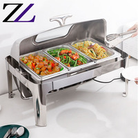 Ensemble de présentoirs de buffet de luxe à couvercle roulant pour traiteur, service de restauration et événements, avec quatre chauffe-plats électriques à combustible liquide, forme oblongue, économique