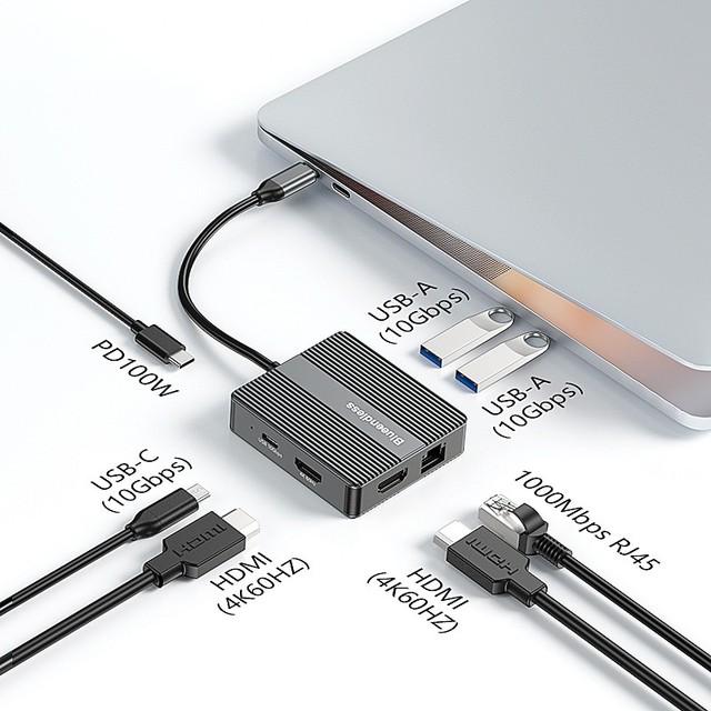 Adapter Docking Station USB C Hub 7In1 USB3.2 USB Type C Hub Laptop Docks with 4K 60Hz Dual HDTV RJ45 Ethernet PD Fast Charging