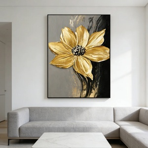 Peinture noire Golden Bloom, toile minimaliste faite à la main, œuvre d'art pour hôtel, décoration murale texturée pour la maison, décoration commerciale - Product Image 3