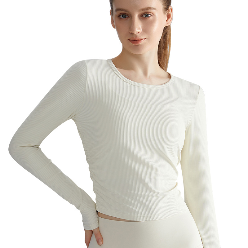 Latest Design Ribbed Long Sleeve Soft Skin Friendly Side Pleats Slim Fit Yoga Daily Outdoor Antibacterial Breathable Ladies Tops
