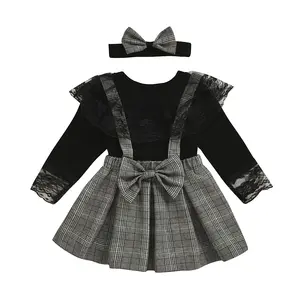 Boys And Girls Fashion Suit Plaid Strap Lace Skirt Pants Sister And Brother Popular Design Three-Piece Suit For Boys And Girls