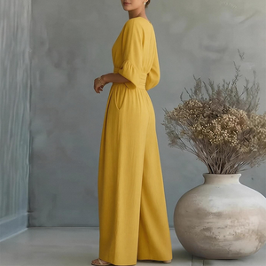 Tuta Casual da Donna Personalizzata con Scollo a V, Maniche Corte, Vita Alta, Gamba Larga, Design OEM ODM Accettato, Vendita all'Ingrosso, Consegna Rapida - Product Image 3