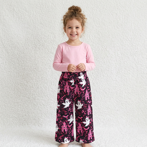 Pantalones Largos de Estilo Chino para Niñas, Marca Longlv, de Pierna Ancha, Estampados con Fantasmas de Dibujos Animados, Color Rosa y Negro, Casuales, Transpirables, de Spandex/Poliéster - Product Image 1