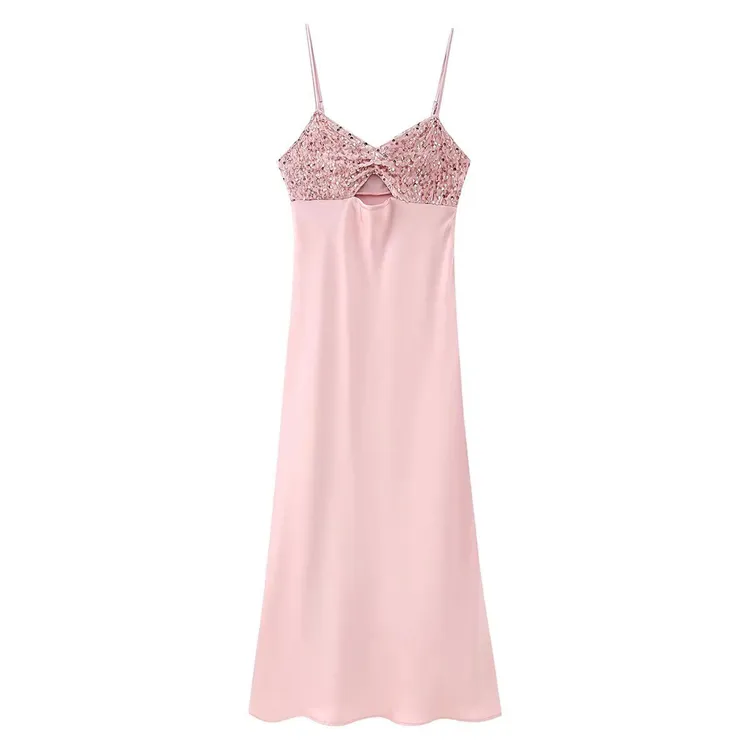 Damen Frühjahr französisch ausgehöhlt offen Rücken lässige Sling-Kleid rosa Mode sexy ärmelloses Perlenkleid Großhandel