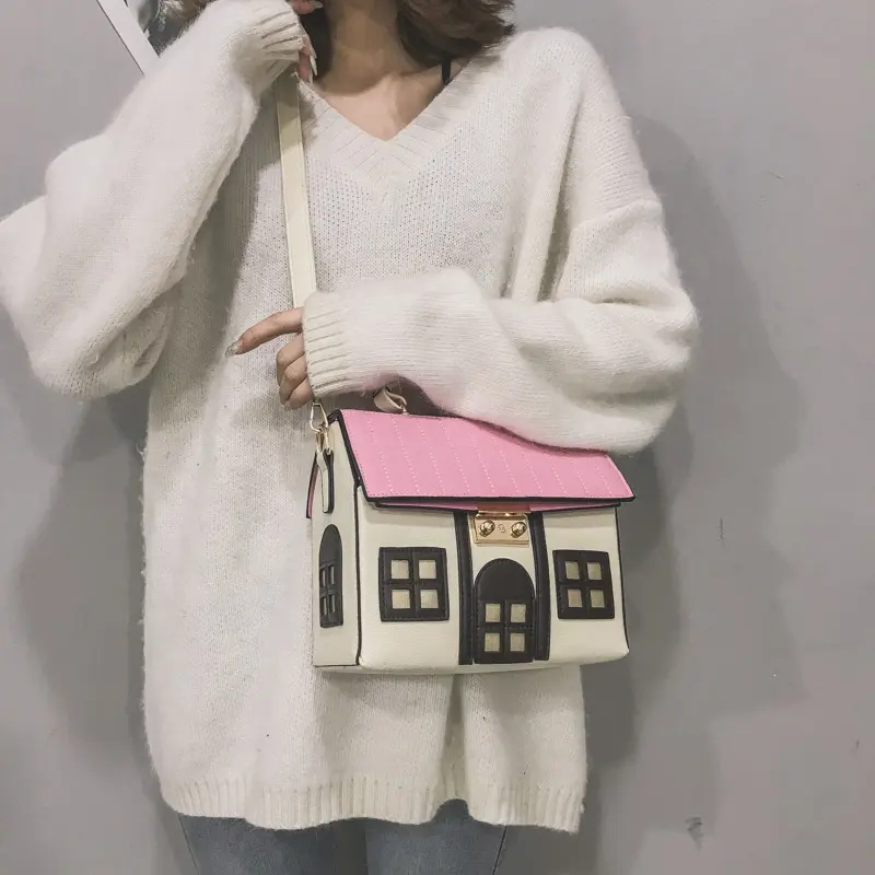 Cartoon Pink House Unique Creative Funny Messenger Girls Mini Cute Purse Fashion Ladies Women Handbags Crossbody Tote Clutch Bag