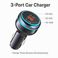 Chargeur rapide triple port USB-C 5V/3A PD 140W PD 45W QC 45W pour ordinateur portable, montre connectée et appareil photo - Adaptateur de voiture 230W