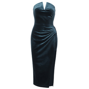 R30409S 2022 primavera e l'estate nuove signore tubo di <span class=keywords><strong>velluto</strong></span> top scollo a v fessura irregolare abito di media lunghezza abbigliamento di fascia alta abito nero - Product Image 4