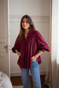 Camicetta da <span class=keywords><strong>donna</strong></span> <span class=keywords><strong>bordeaux</strong></span> all'ingrosso 100% maniche a lanterna di cotone camicia da <span class=keywords><strong>donna</strong></span> primavera estate autunno Casual a palloncino plissettato top - Product Image 2