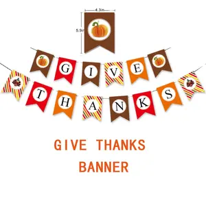 GiveThanks Paper Banner Thanksgiving Party Decoration Banner Garland with Turkey Pumpkin Sign for Thanksgiving Party Decor