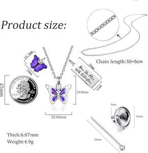 Collier personnalisable avec urne commémorative pour cendres d'animaux de compagnie, motif papillon violet - Product Image 3