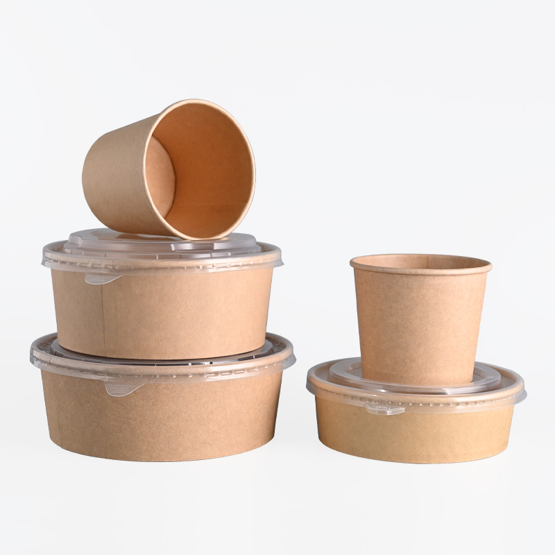 500ml Round Shape Kraft Salad Paper Bowl With PET Lid and Paper Lid Lunch Box Pe Coated Microwaveable Paper Plates & Bowls