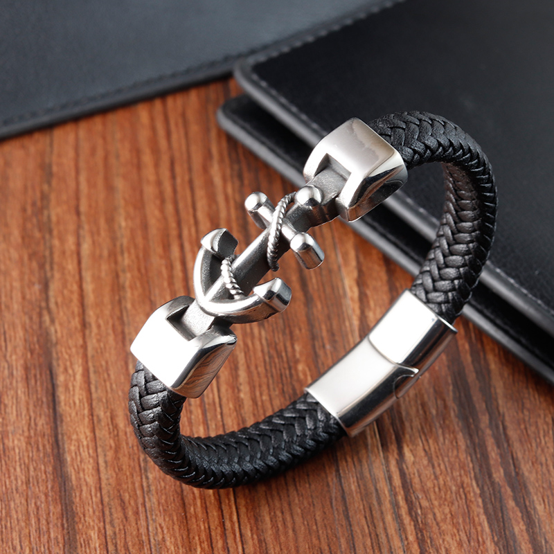 s925 Anchor Leather Bangle #Lncs（Men's Anchor Edge Leather