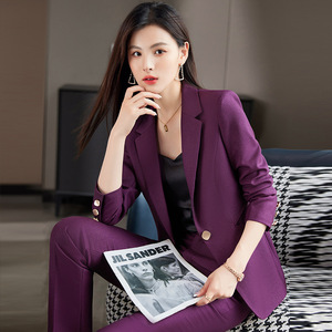 Women's Purple Suit Set Three Quarter Sleeve Anti-Wrinkle Office Lady Spring Wear - Product Image 3
