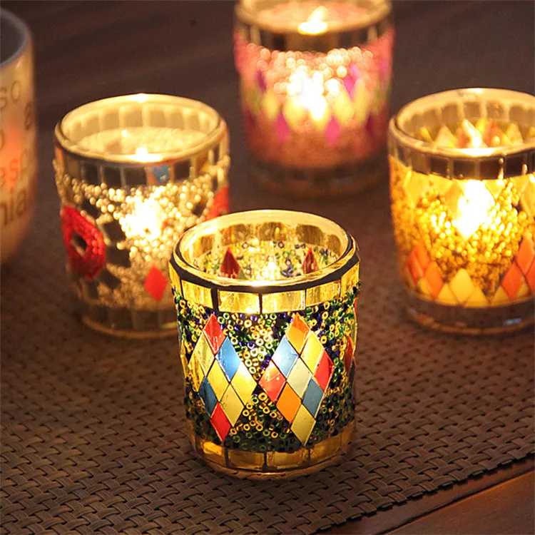 Bougeoirs en verre en forme de tasse, 50 pièces, style européen, en mosaïque, fait à la main, ornement de décoration romantique pour bar à dîner