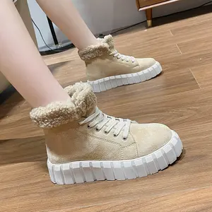 Grosir Sepatu Wanita Di Cina Seksi Dewasa Tebal Bawah Bertali Fashion Baru Sneaker Sepatu Wanita Ukuran Besar Ujung Bulat Bulu Sepatu Salju