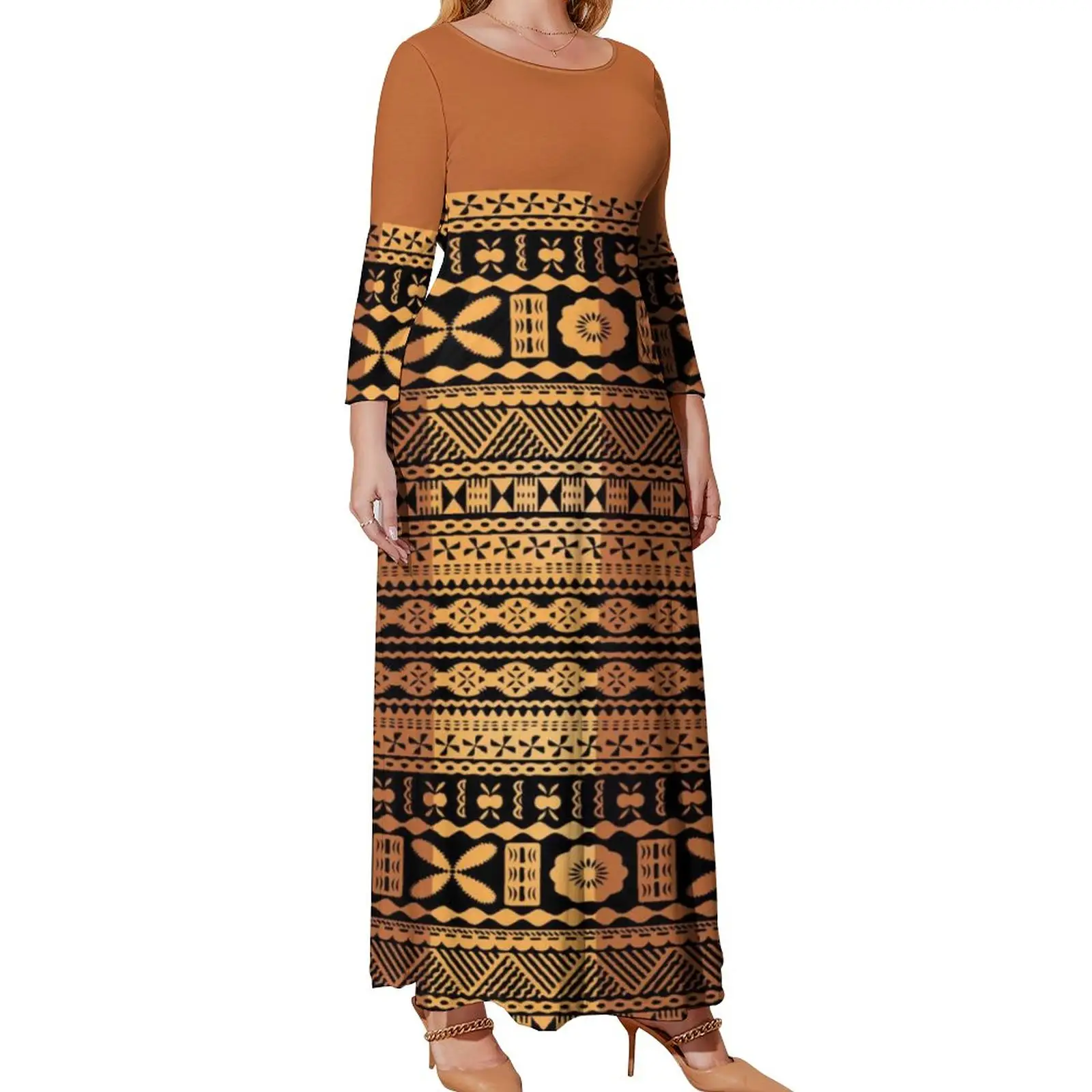 2022 New Fashion Samoa Hawaii Tapa Fabric Custom Polynesian Tribal Dress Women Large Size Long Sleeve O Neck Casual Maxi Dress