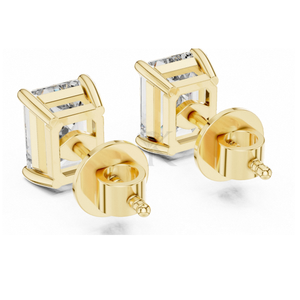 Boucles d'oreilles élégantes en diamant de laboratoire taille émeraude, serties de 4 griffes en or jaune avec fermoirs à vis sécurisés - Product Image 2