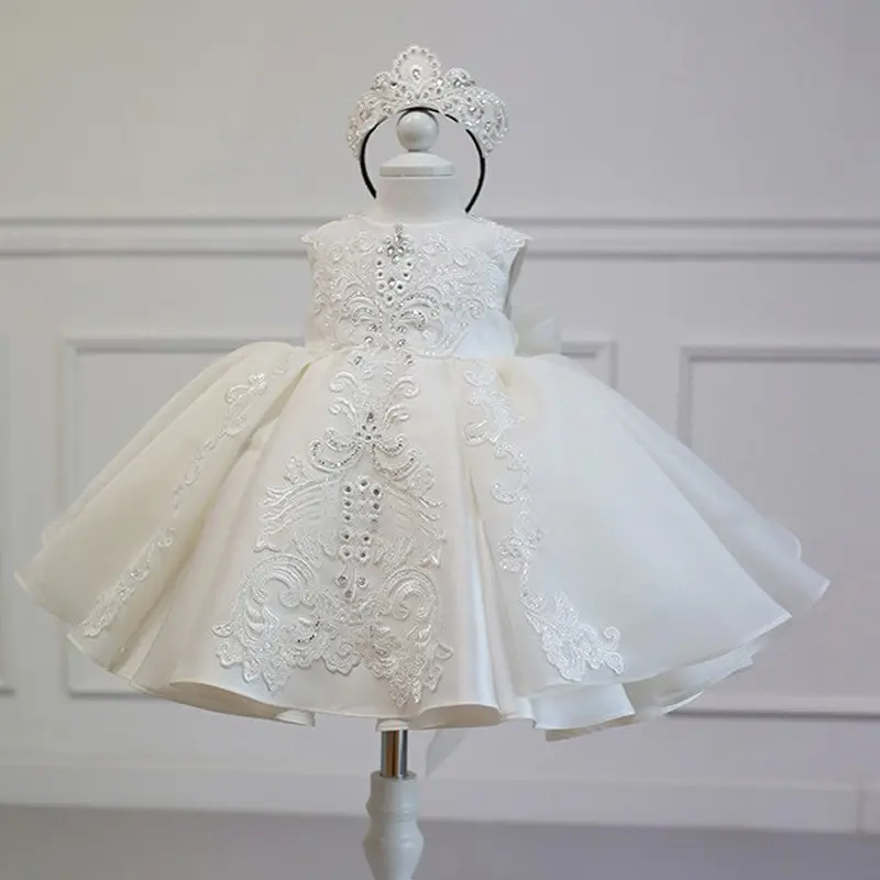 Flower Girl Christening Dress Occasion White Lace Embroidered Bow tie Party Bridesmaid Wedding Girls' Dress