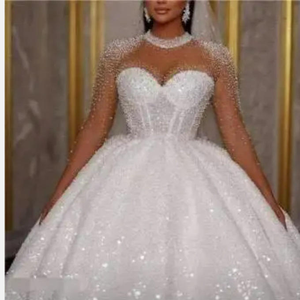 Wedding Dress Bridal Dress Scoop Collar Long Sleeve High Waist Trailing Heavy Industry Nail Bead <b>Sequined</b> Fluffy <b>Skirt</b> - Product Image 2