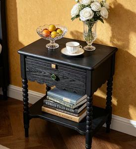 Vintage <b>Black</b> French Durable Wooden Nightstand with Drawer and Open Shelf Multi-purpose Bedroom <b>Bedside</b> Table - Product Image 4